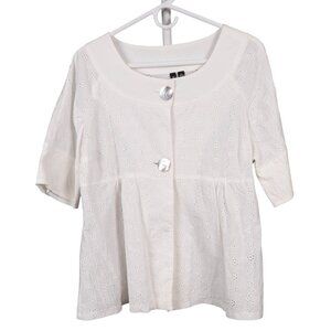 Y2K Eyelet Button Down Blouse XL White Buttons 3/4 Sleeve Cotton Wide Collar